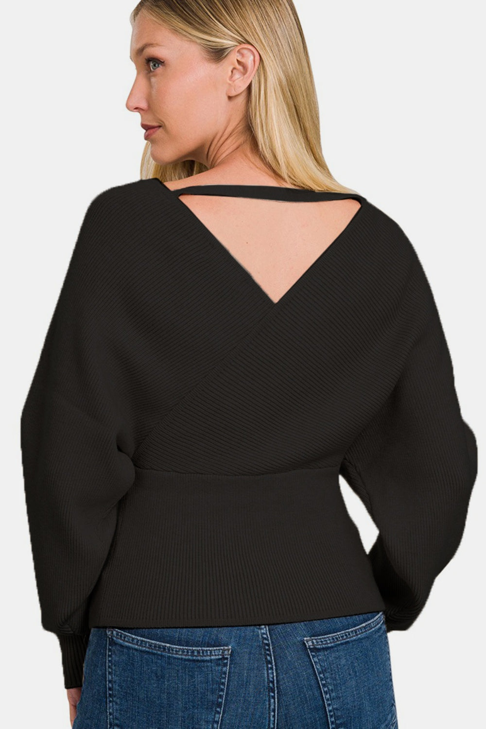 Black Cross Wrap Rib Long Sleeve Sweater