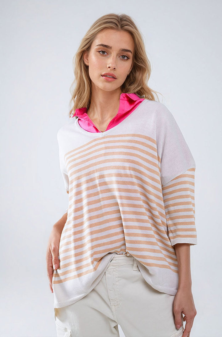 Oversized Beige Sweater with Brown Stripes and V-Neck