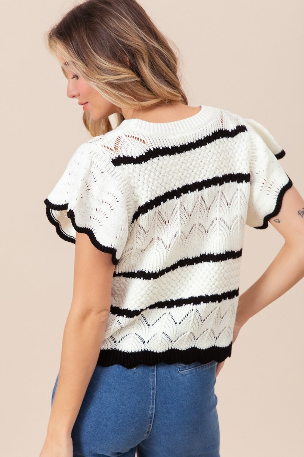 Pointelle Contrast Striped Short Sleeve Knit Top