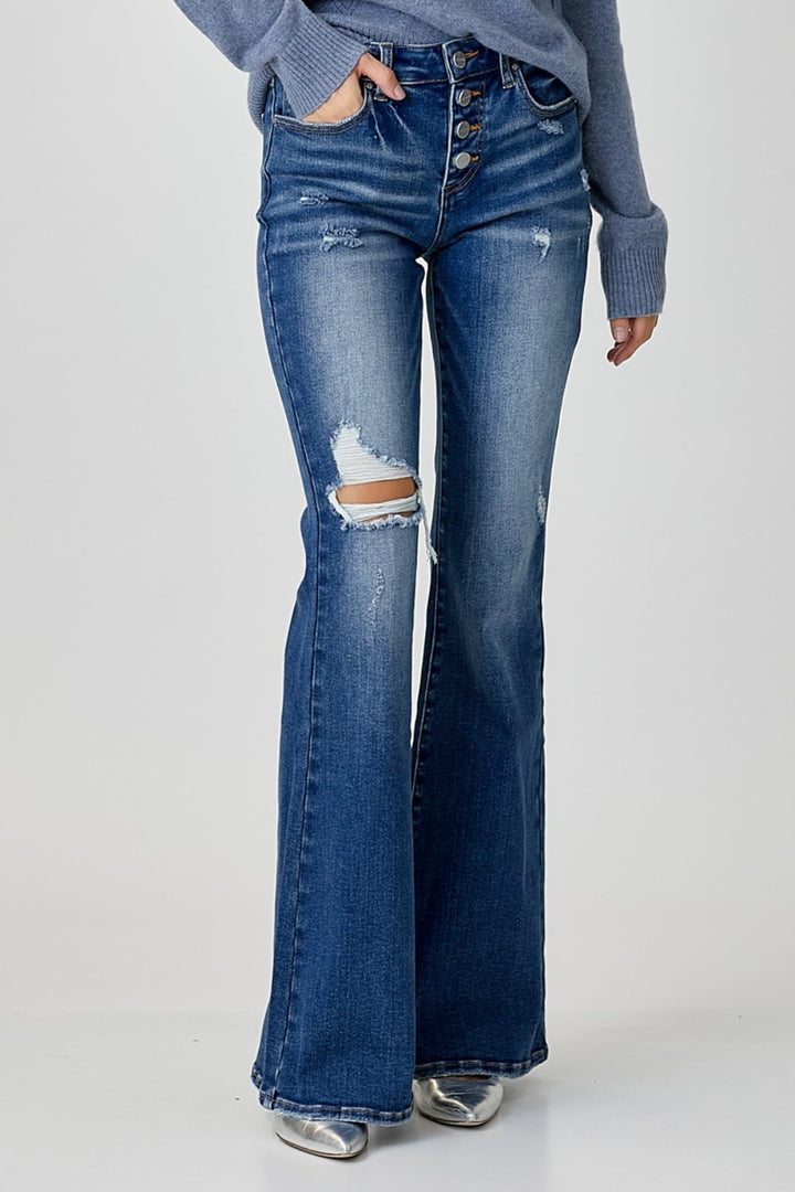 Risen Distressed Button-Fly Flare Jeans