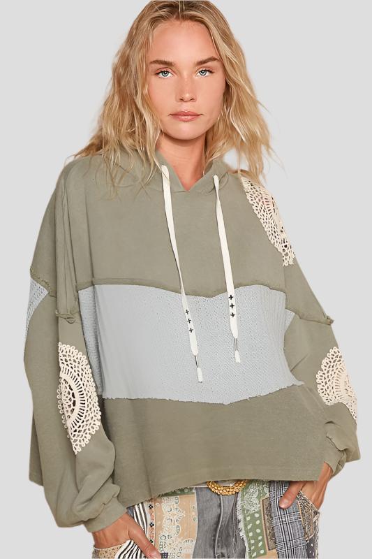 Sage Openwork Contrast Dropped Shoulder Hoodie