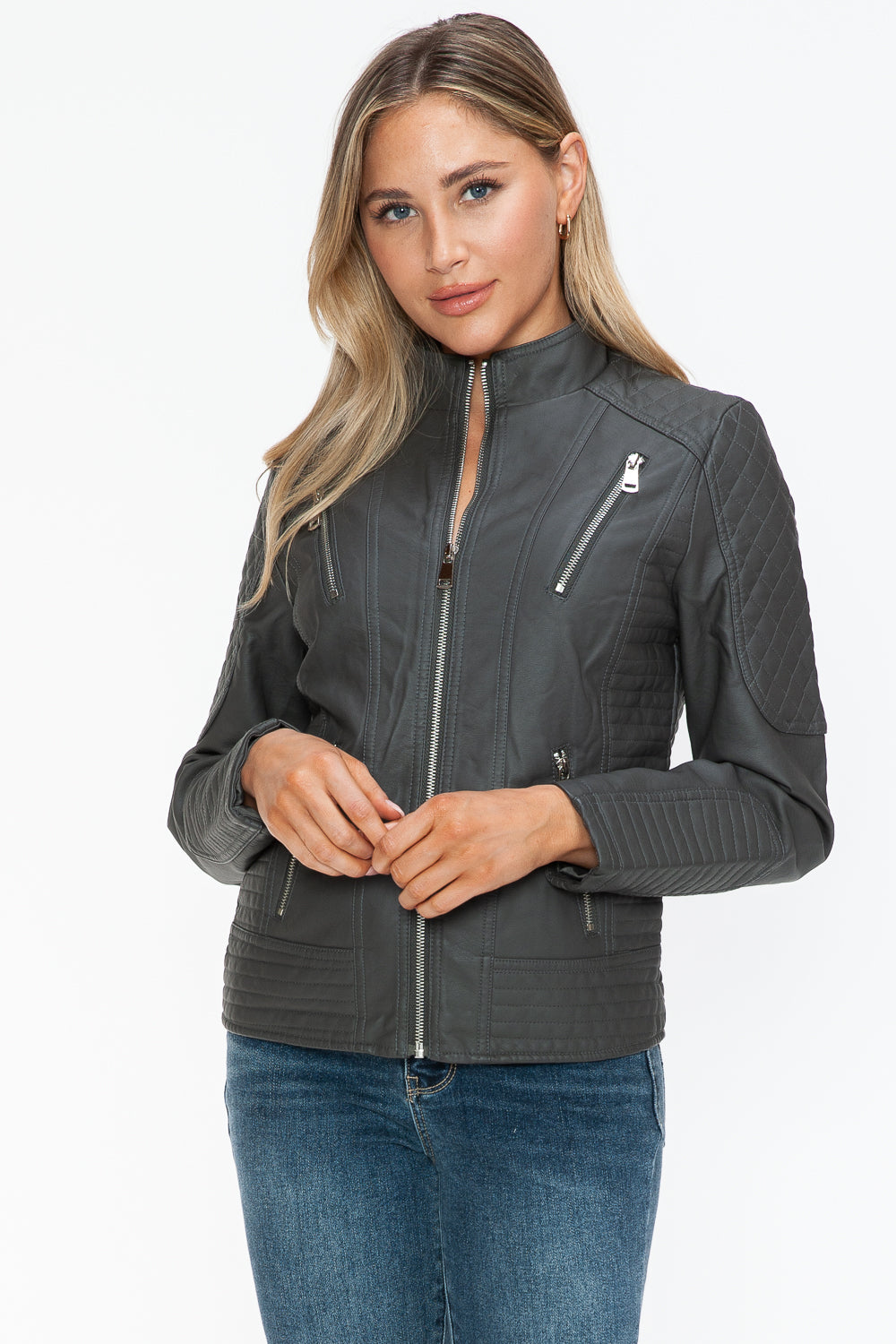 Charcoal Faux Leather Zip Up Mock Neck Jacket