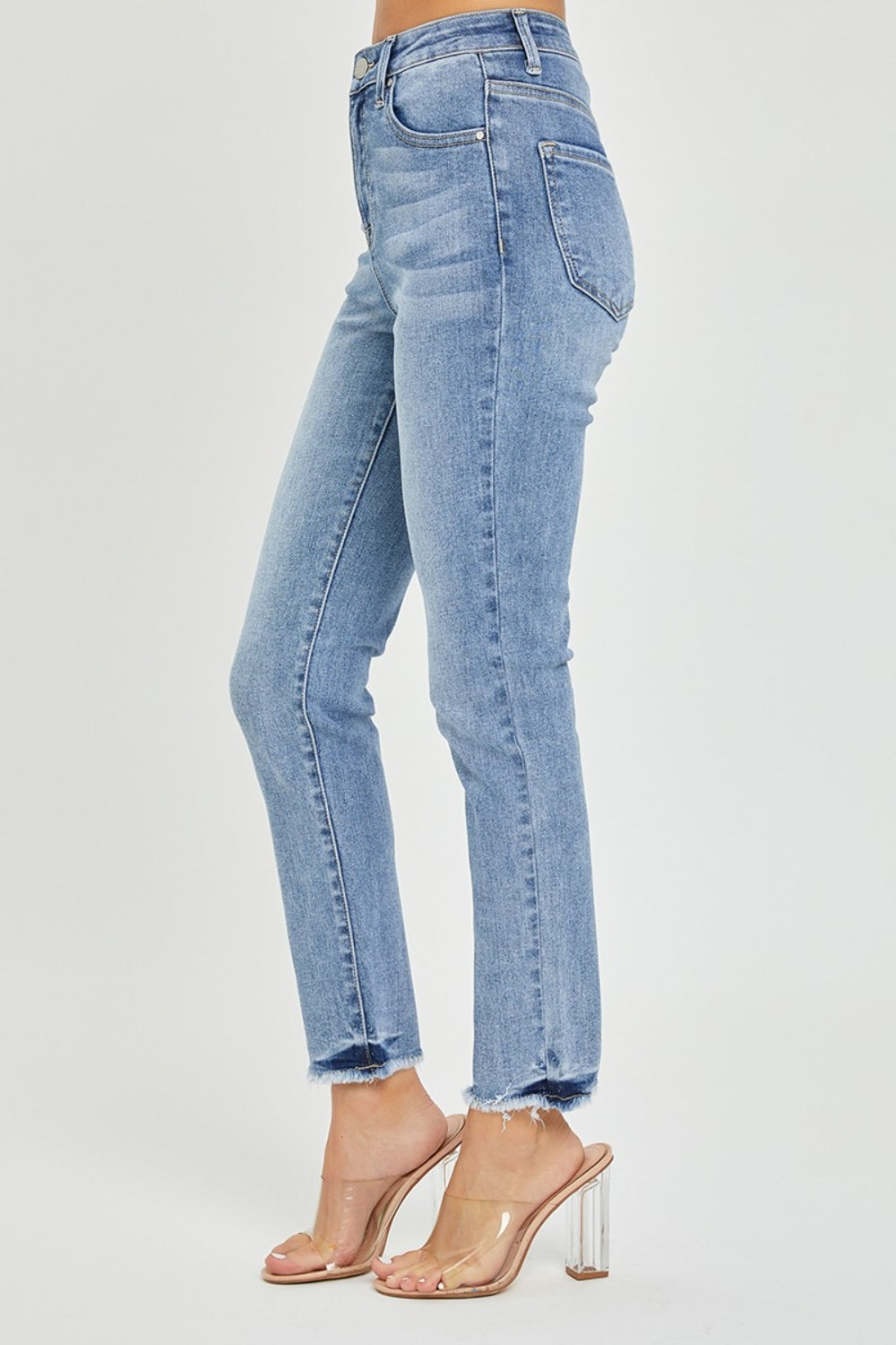 Mid Blue Full Size High Rise Frayed Hem Skinny Jeans