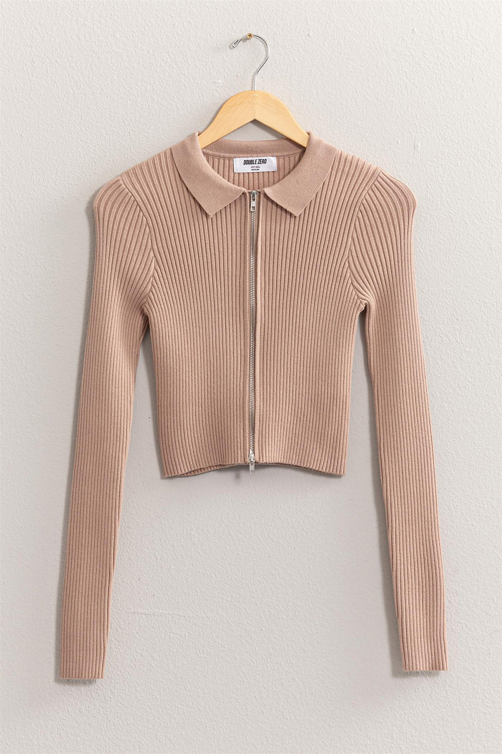 Taupe Ribbed Double Zip Cropped Cardigan