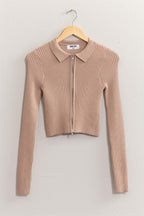 Taupe Ribbed Double Zip Cropped Cardigan