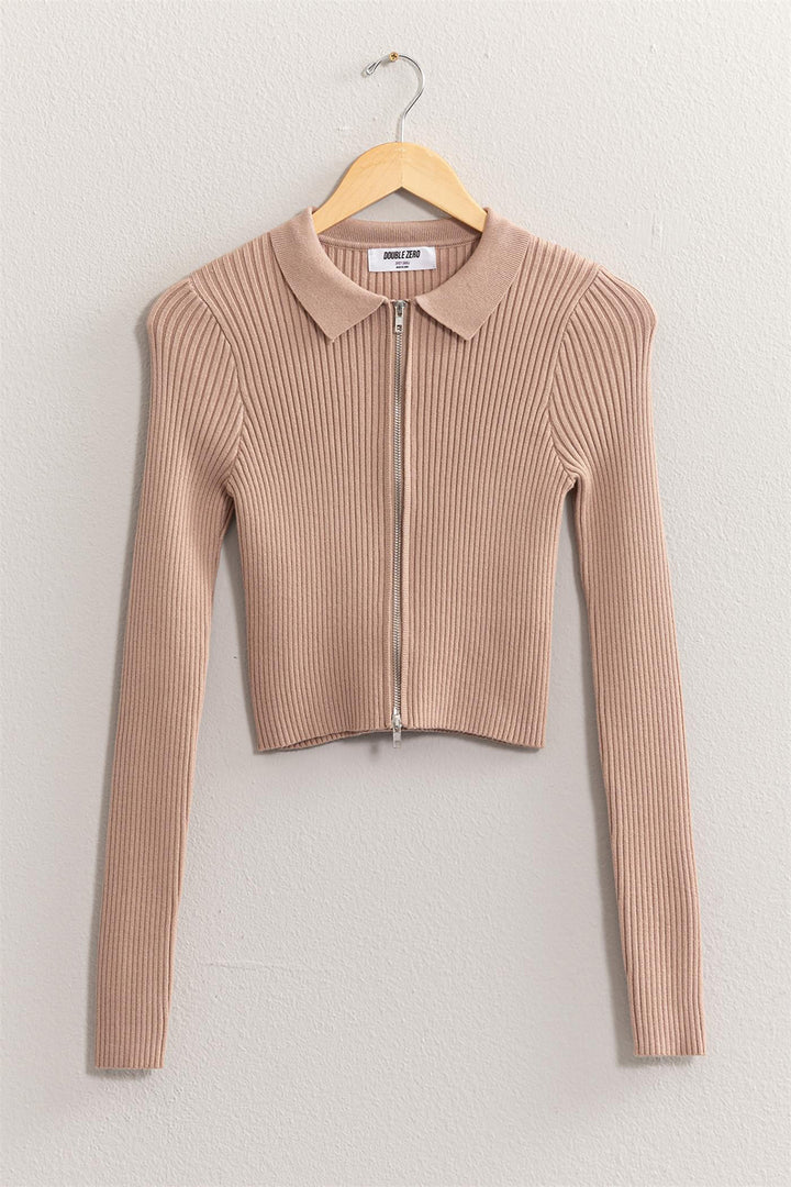 Taupe Ribbed Double Zip Cropped Cardigan