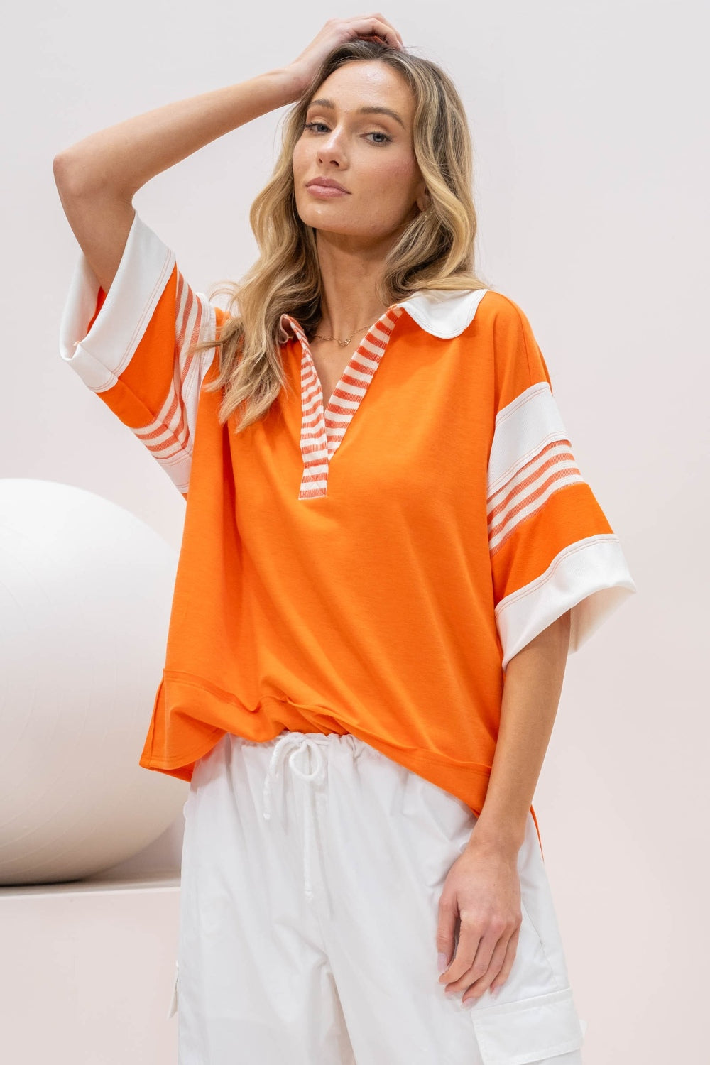 Orange Full Size Contrast Stripe Polo Shirt