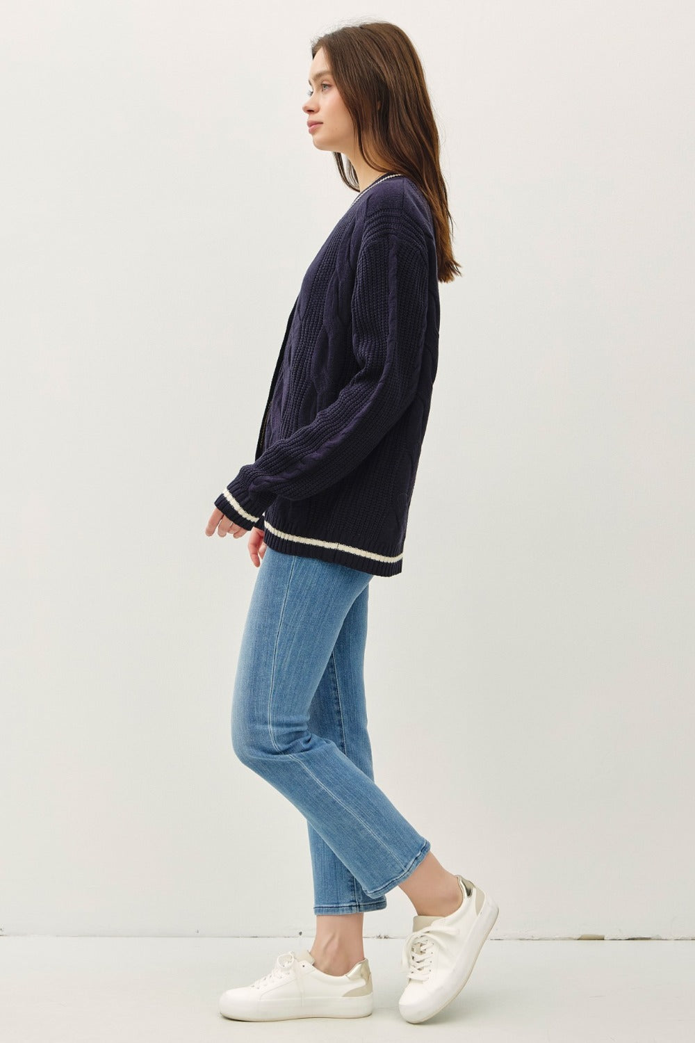 Navy Contrast Trim Cable-Knit V-Neck Cardigan