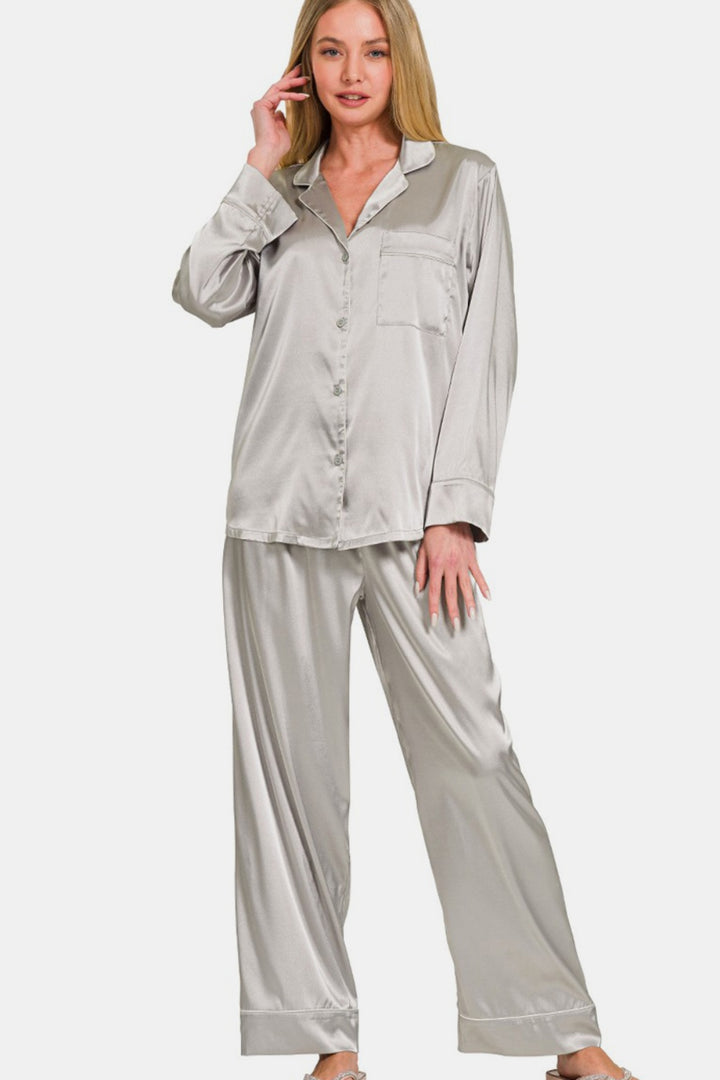 Silver Grey Satin Long Sleeve Shirt and Pants Pajama Set