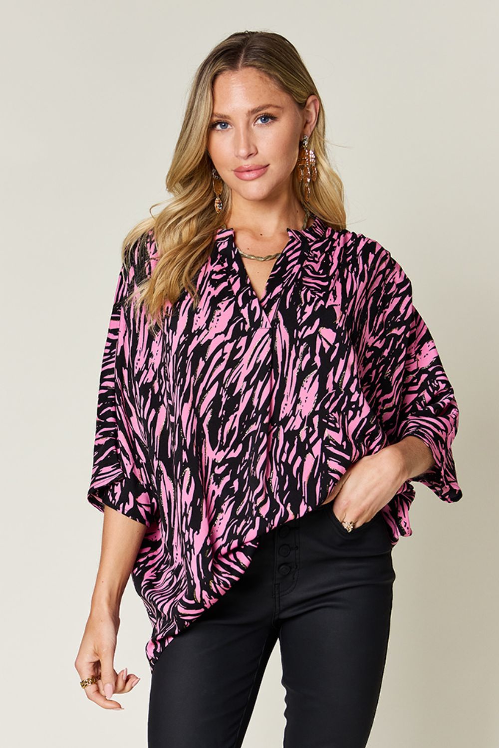 Double Take Printed Notched 3/4 Sleeve Blouse