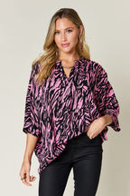 Double Take Printed Notched 3/4 Sleeve Blouse