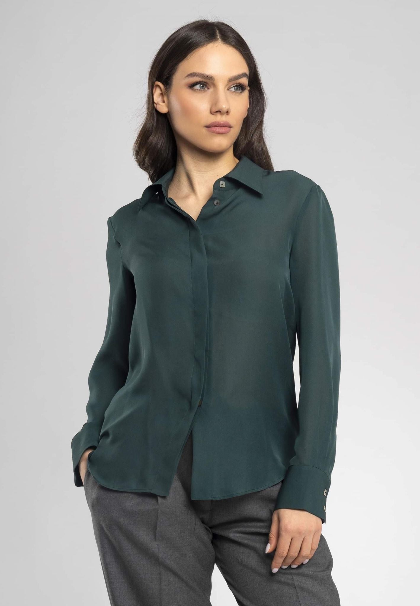 Vera Dark Green Italian Soft Silk Shirt - Classic, Elegant, and Versatile for Any Occasion