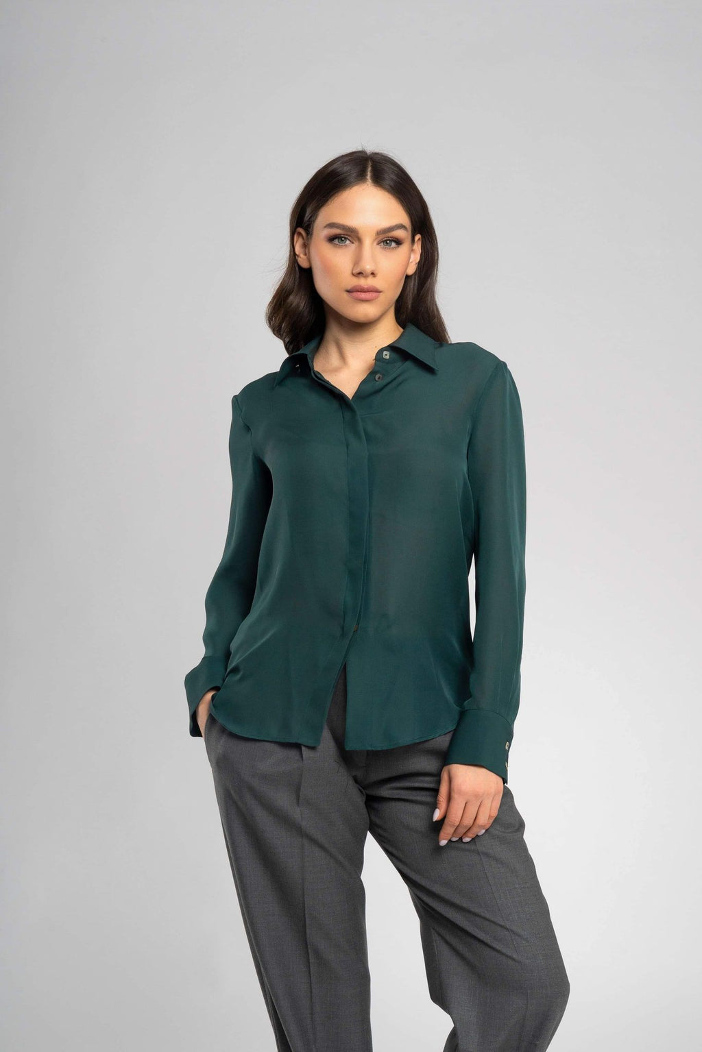 Vera Dark Green Italian Soft Silk Shirt - Classic, Elegant, and Versatile for Any Occasion
