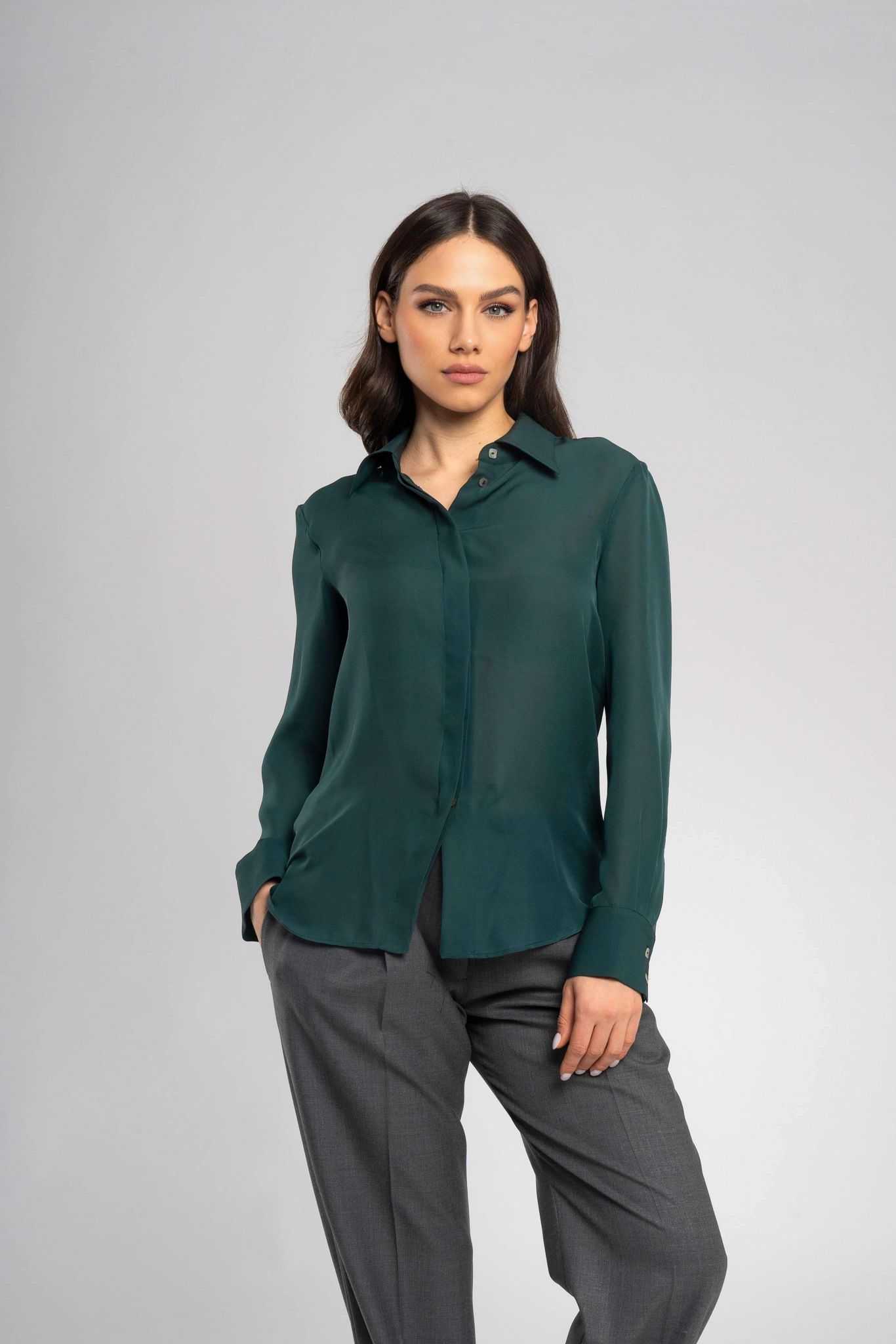 Vera Dark Green Italian Soft Silk Shirt - Classic, Elegant, and Versatile for Any Occasion