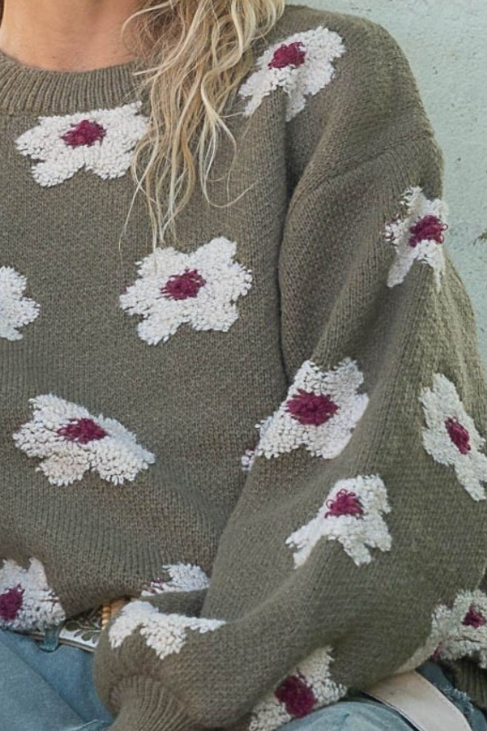 Daisy Pattern Drop Shoulder Sweater Olive