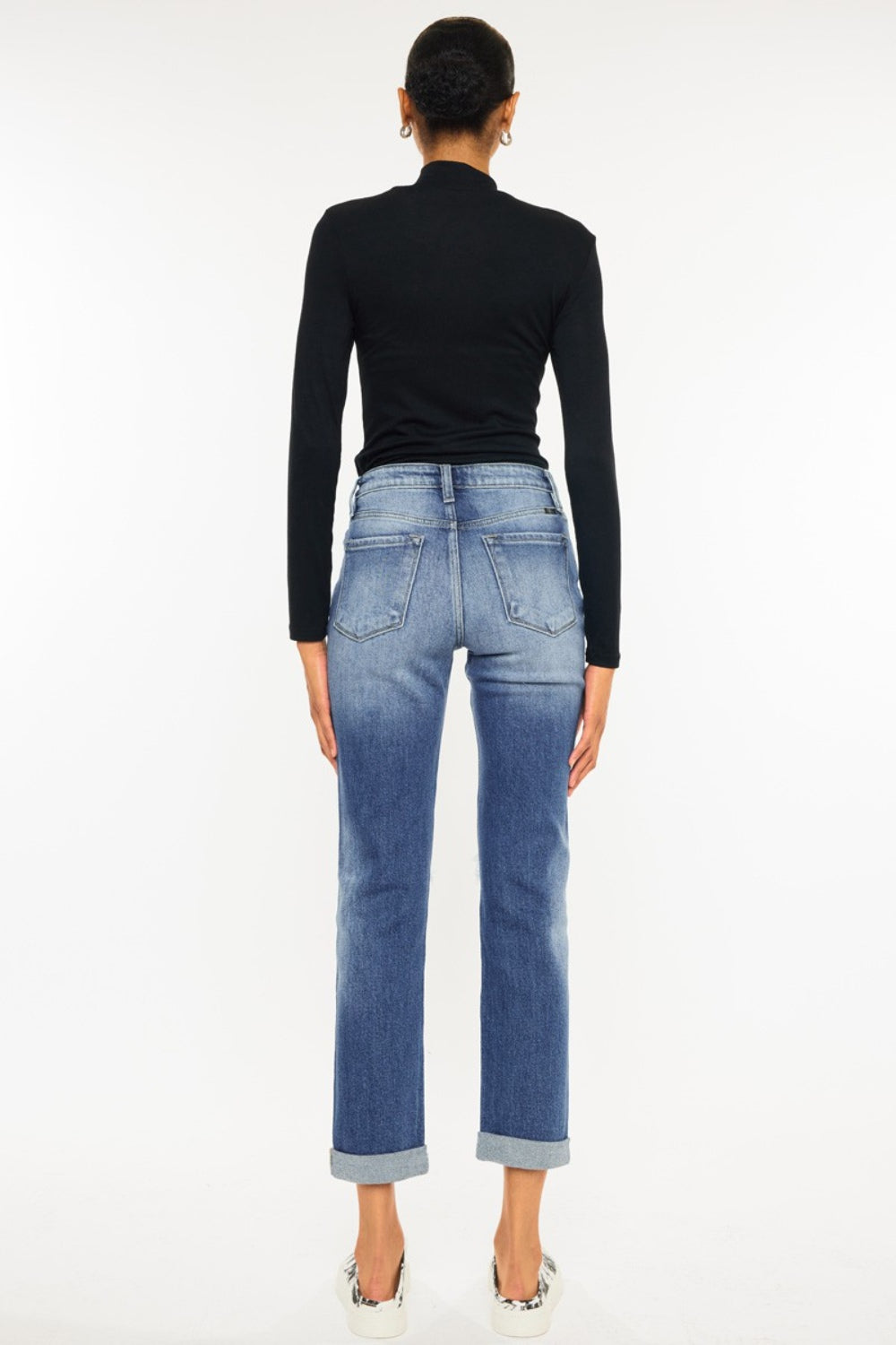 Mid Washed High Waist Distressed Hem Detail Cropped Straight Jeans