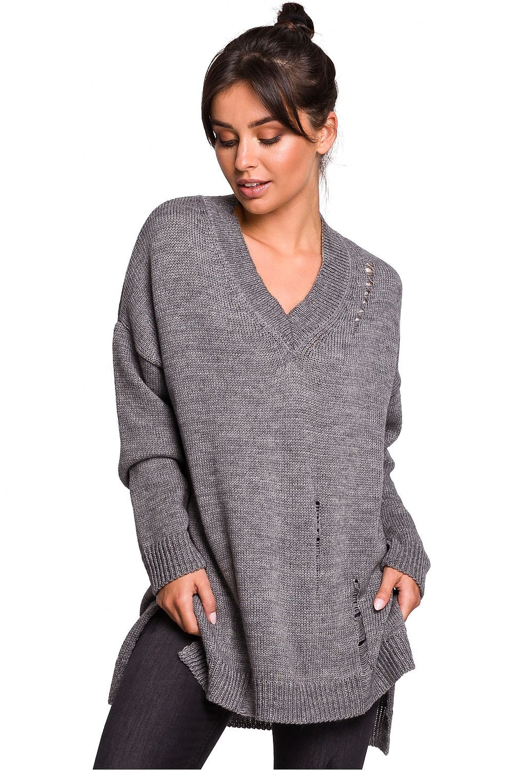 Oversized Jumper with V-Neck in Grey