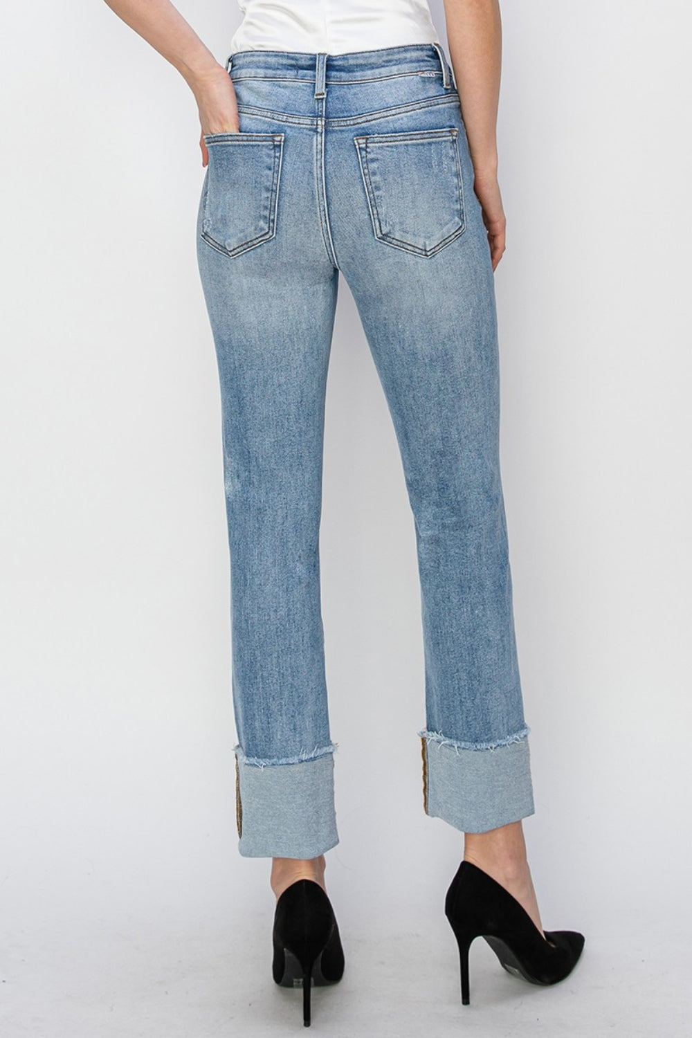 High Rise Cuffed Slim Straight Jeans