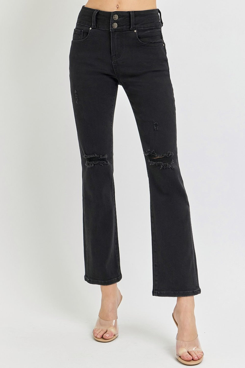 Black High Rise Wide Waistband Ankle Bootcut Jeans