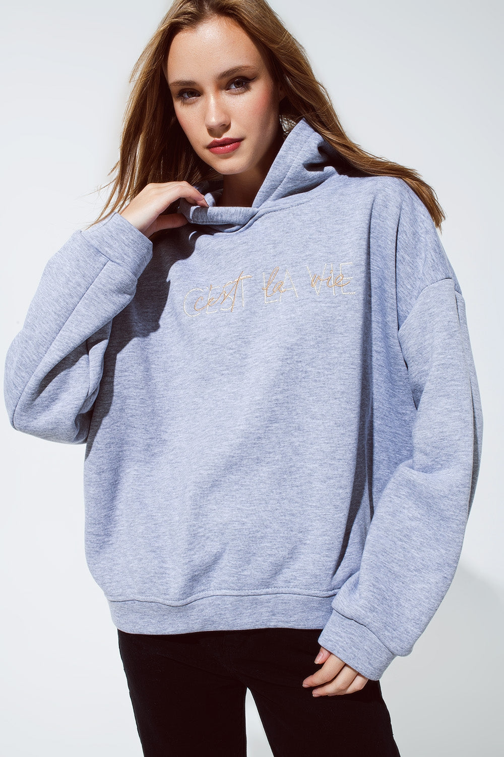 Grey Color Hoodie with Embroidered Cést La Vie Text