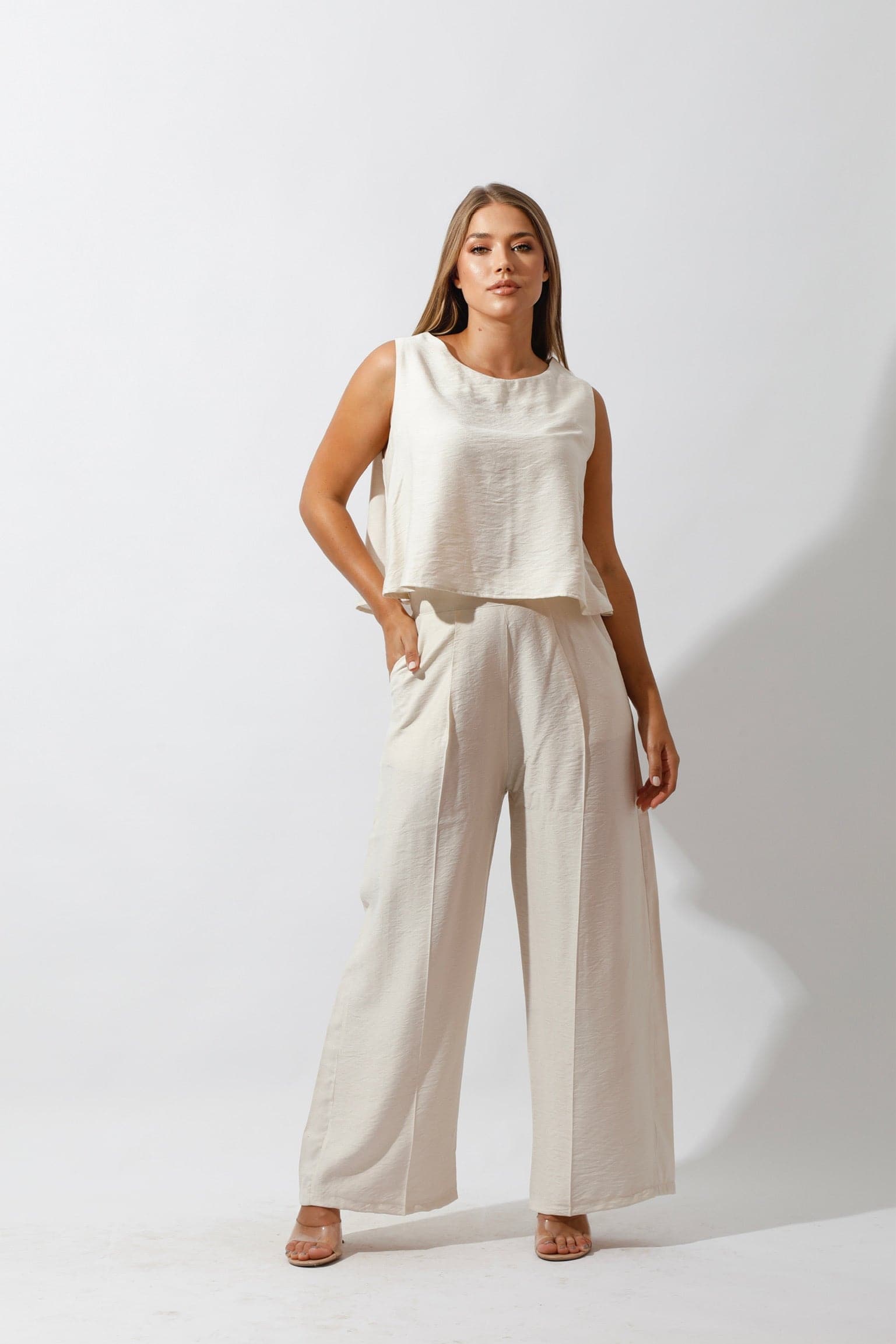 Sleeveless Tank Top & Wide Leg Pants Lounge Set Off White