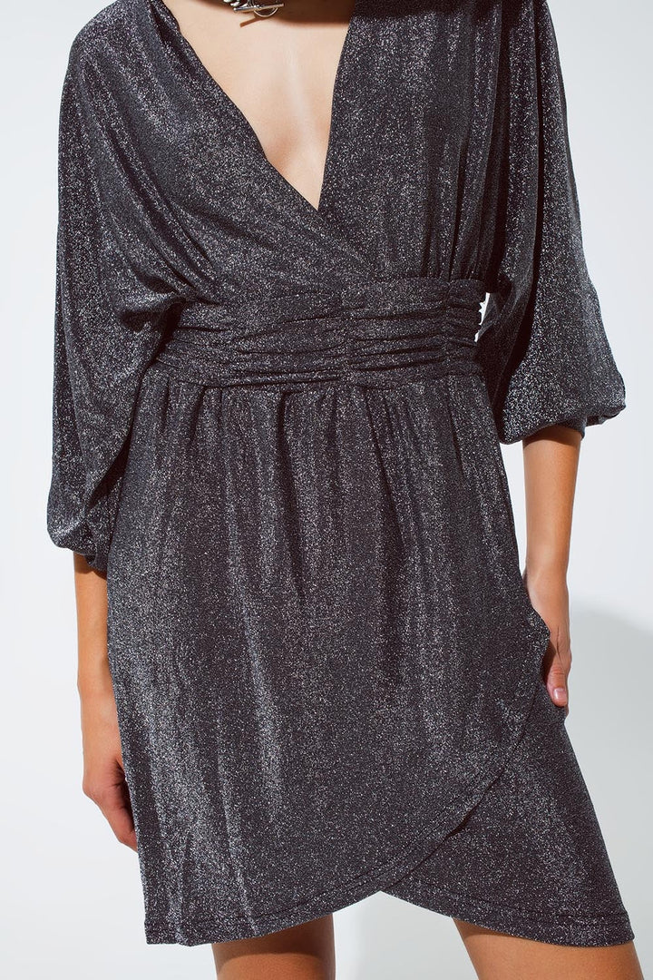 Mini Length Glitter Dress with Deep V-Neck in Silver