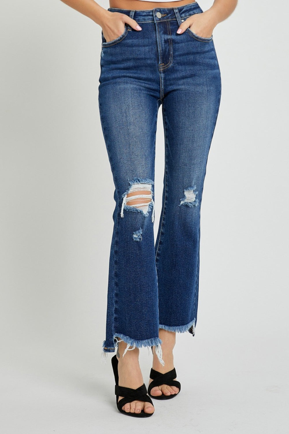 Risen High Rise Distressed Crop Flare Jeans