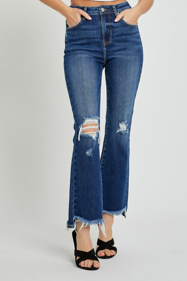 Risen High Rise Distressed Crop Flare Jeans