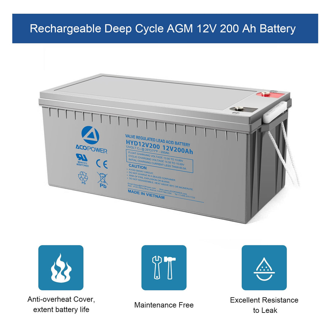 ACOPOWER HYD12-200Ah 12V 200Ah AGM Deep Cycle Sealed Lead Acid Battery