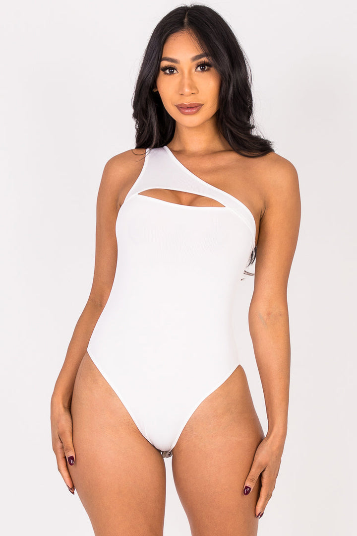 Ribbed Knit Cut Out One Shoulder Bodysuit