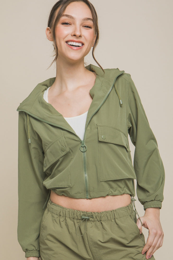 Olive Green Drawstring Hem Hooded Zip-Up Jacket