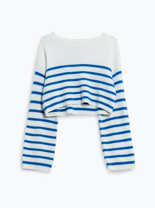 Cropped Sweater with Stripes and Boat Neck