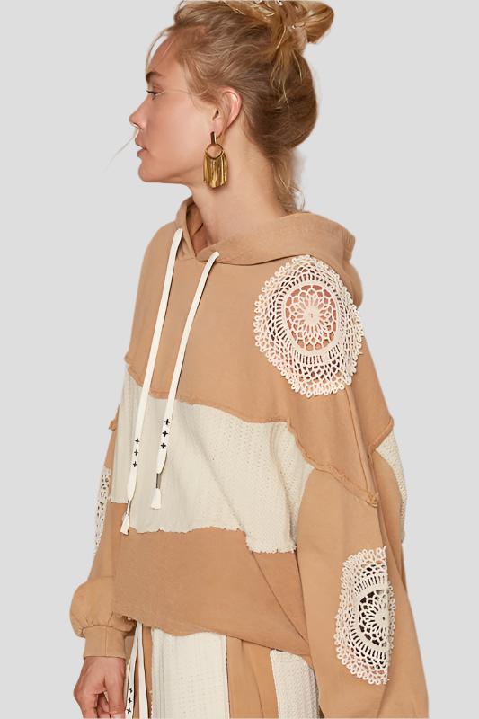 Wheat Openwork Contrast Dropped Shoulder Hoodie