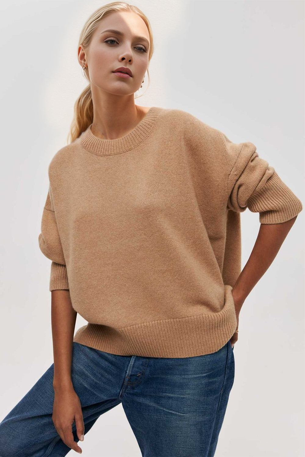 Round Neck Dropped Shoulder Long Sleeve Sweater