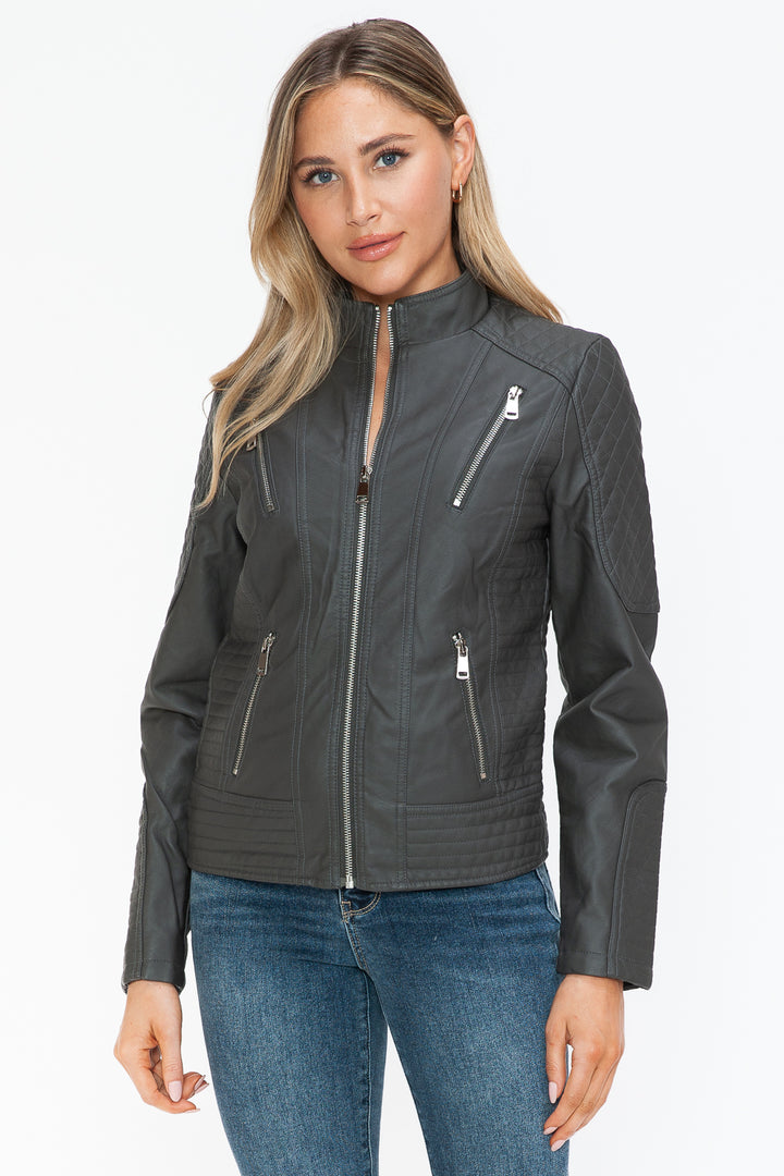 Charcoal Faux Leather Zip Up Mock Neck Jacket