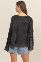 Charcoal Cable Knit V-Neck Dropped Shoulder Oversized Sweater