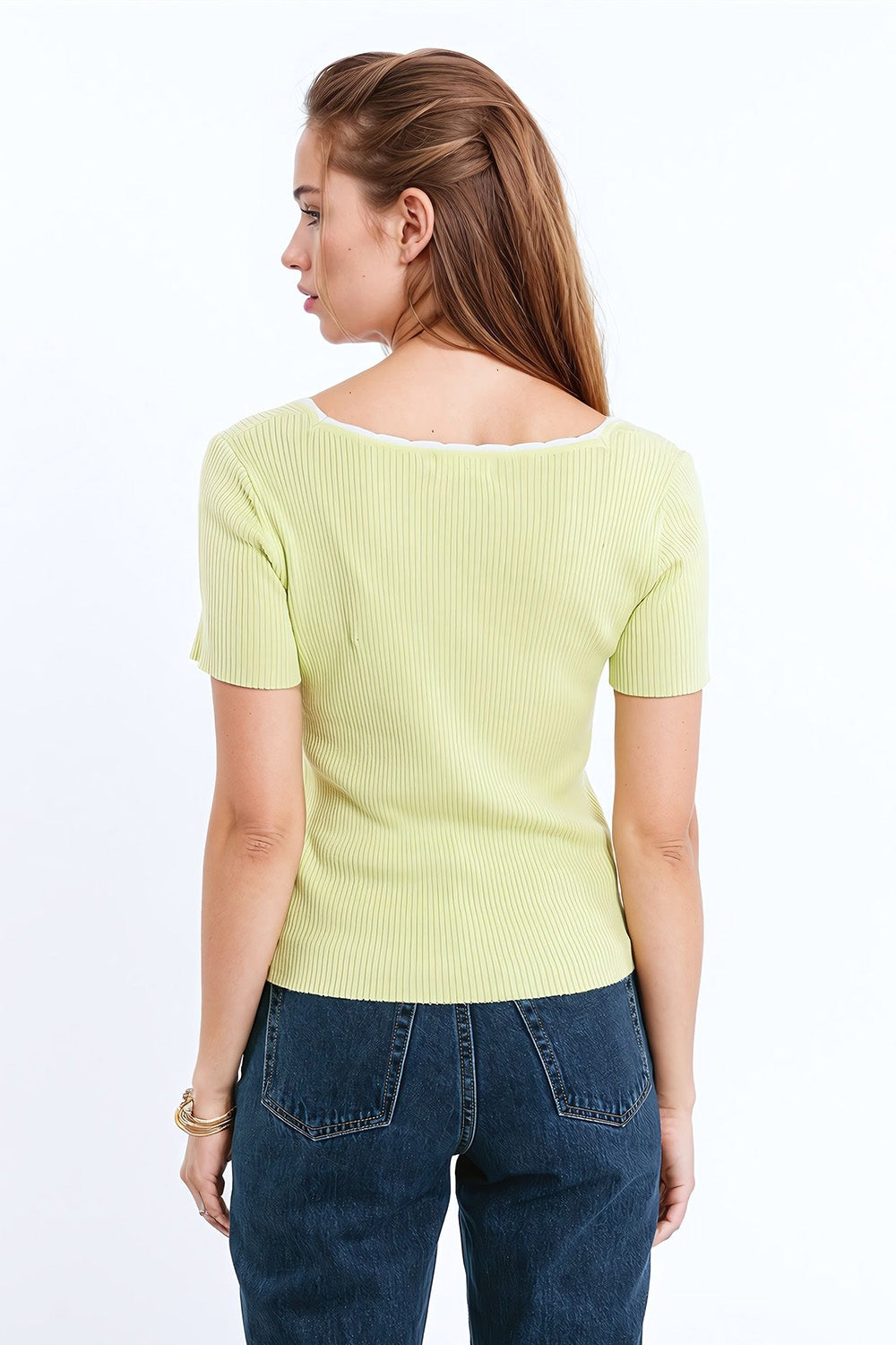 Lime Knitted Short Sleeve Sweater with Square Neck and White Trim