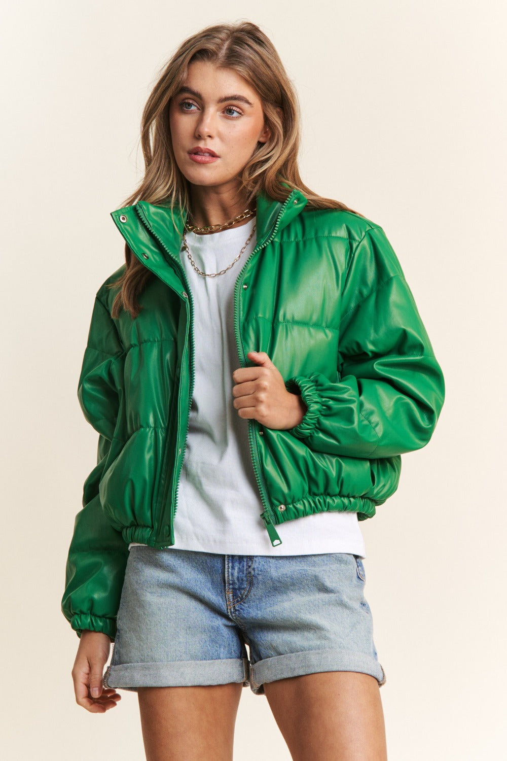 Green Turtleneck Snap and Zipper Closure Crop Puff Jacket