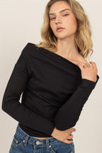 Black Off Shoulder Ribbed Knit Top