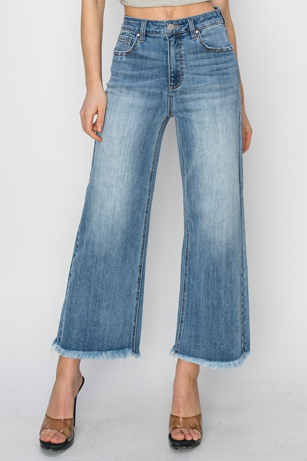 Risen Raw Hem Cropped Wide Leg Jeans