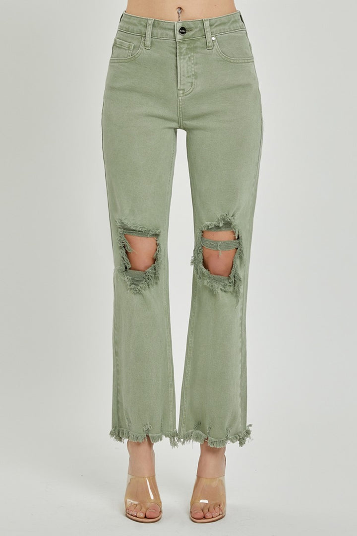 Olive Green Distressed Ankle Bootcut Jeans