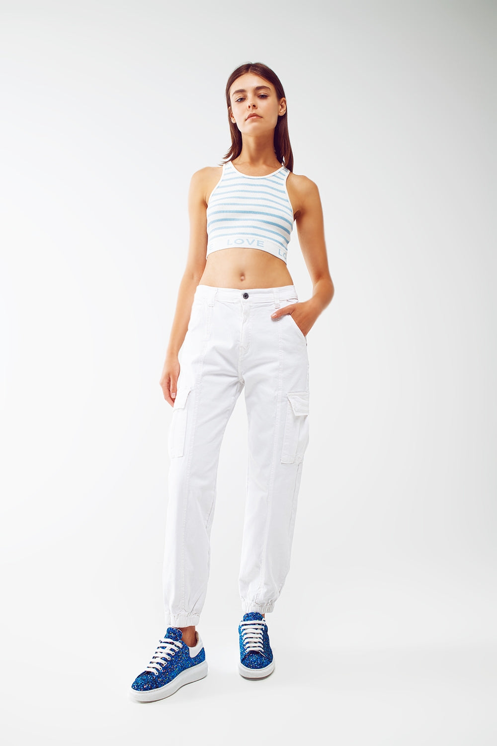 Striped Cropped Top with Love Text in Blue