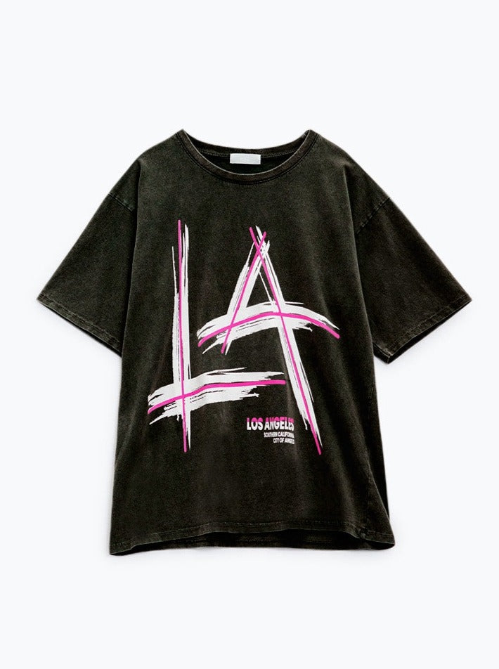Black Relaxed T-Shirt Printed LA Los Angeles Logo