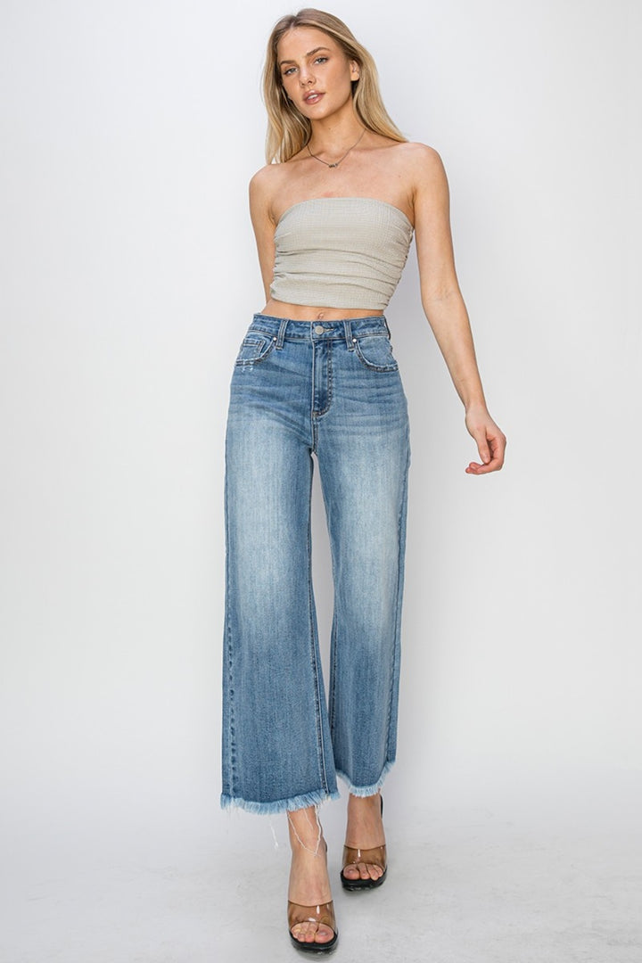 Risen Raw Hem Cropped Wide Leg Jeans