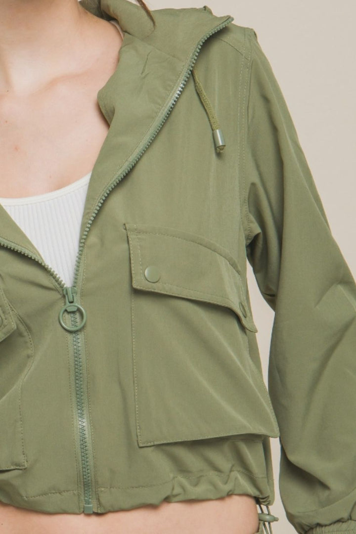 Olive Green Drawstring Hem Hooded Zip-Up Jacket