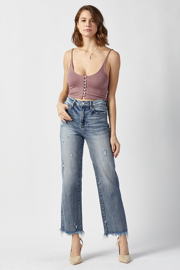 High Waist Raw Hem Straight Jeans