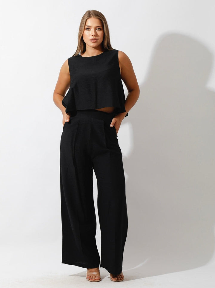 Sleeveless Tank Top & Wide Leg Pants Lounge Set Black