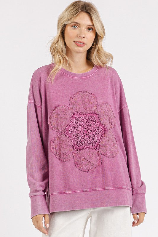 Dusty Pink Mineral Wash Flower Patch Side Slit Sweatshirt