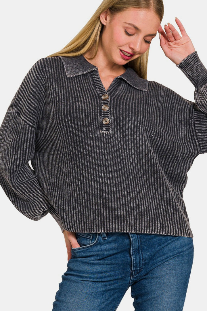 Black Washed Half Button Long Sleeve Sweater