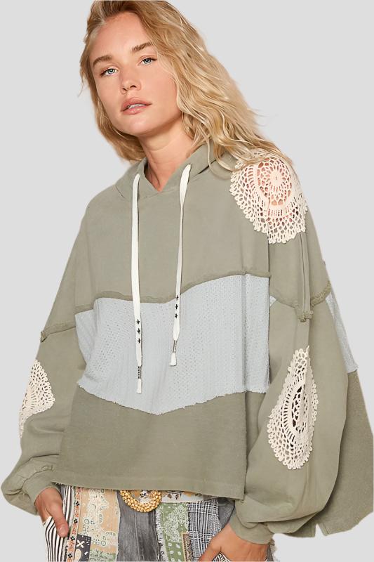 Sage Openwork Contrast Dropped Shoulder Hoodie